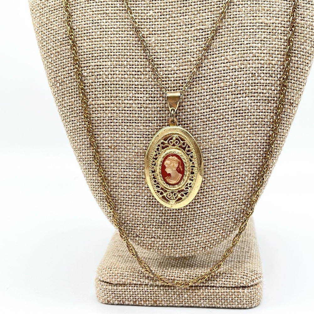Vintage Gold Tone Victorian Revival Lady Cameo Locket Pendant 2 Strand Necklace